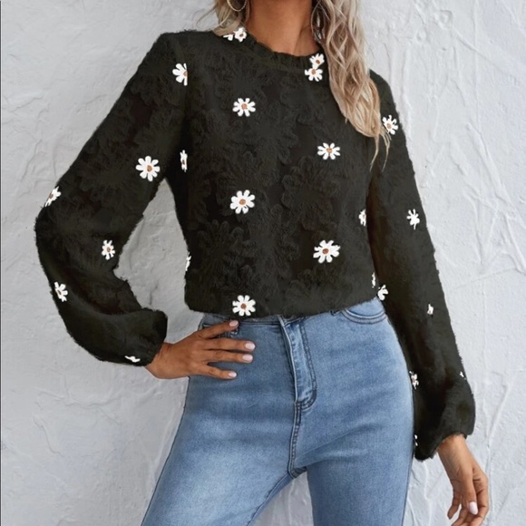 Boho fuzzy floral embroidered frill neckline long sleeve blouse - Picture 4 of 10